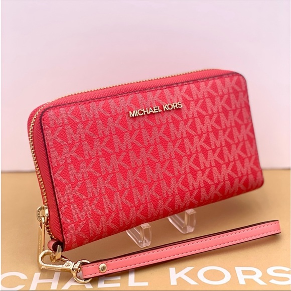 Michael Kors Jet Set Travel Large Phone Case Wristlet Wallet Coral Reef - Picture 2 of 13